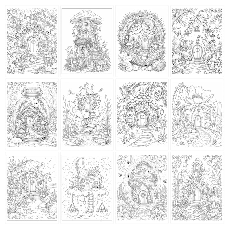 May include: A collection of twelve black and white line art illustrations featuring various fantasy dwellings, including mushroom houses, tree homes, a jar terrarium, and floral structures, designed for coloring with intricate botanical details.