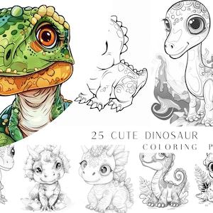 May include: A set of 25 coloring pages featuring cute cartoon dinosaurs. The dinosaurs are drawn in a variety of poses and expressions, and they are all very detailed. The coloring pages are perfect for kids of all ages who love dinosaurs.