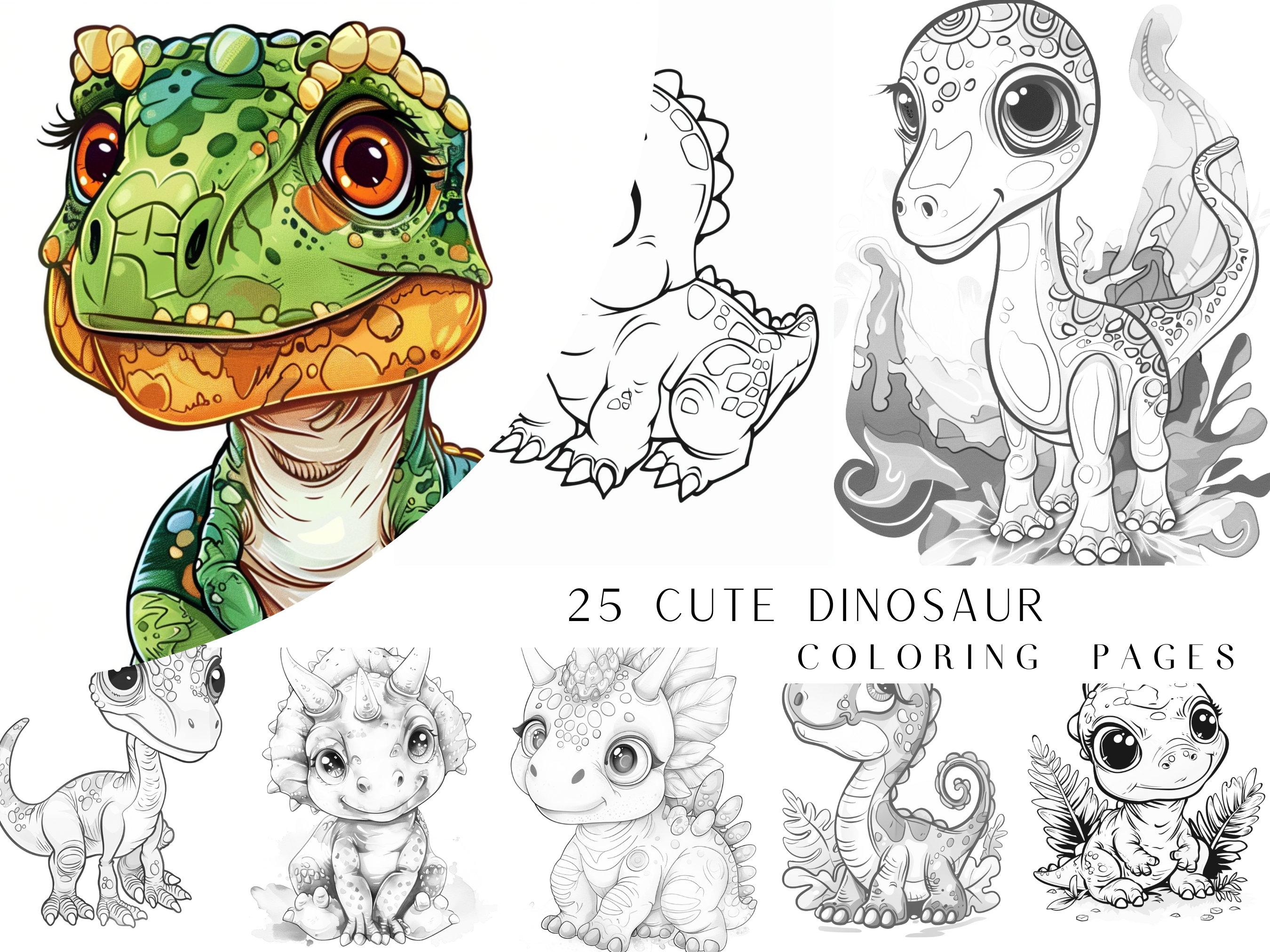 25 Cute Dinosaur Coloring Pages, Adults And Kids Coloring Book, Digital Coloring Sheets, Instant Download, Printable PDF File.
