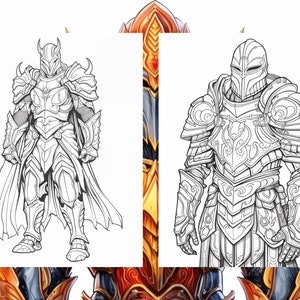 May include: Line art illustration of a knight in full armor with a cape. The knight is wearing a helmet with a visor and has a sword at his side. The illustration is in black and white.