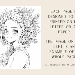 Puede incluir: Ilustraci&oacute;n en blanco y negro de una mujer con flores en el pelo. La imagen es un ejemplo de una p&aacute;gina para colorear imprimible dise&ntilde;ada para papel tama&ntilde;o Carta de EE. UU. o A4.