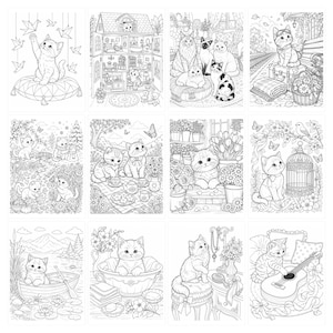 May include: A collection of twelve black and white line art illustrations featuring kittens in various settings, including a dollhouse, a garden, a boat, and playing with a guitar, designed for coloring with intricate details and floral elements.