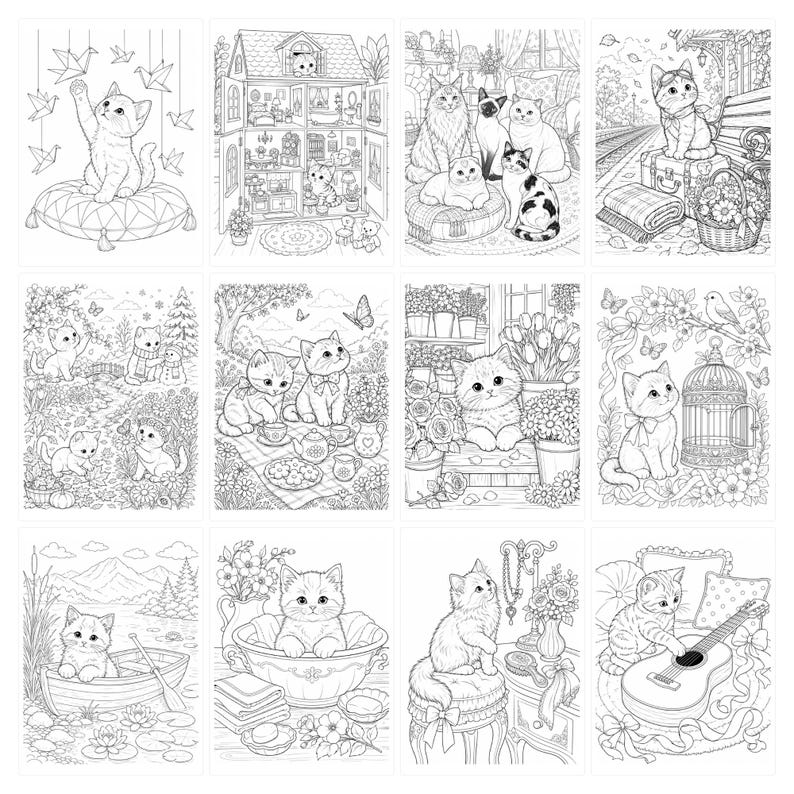 May include: A collection of twelve black and white line art illustrations featuring kittens in various settings, including a dollhouse, a garden, a boat, and playing with a guitar, designed for coloring with intricate details and floral elements.