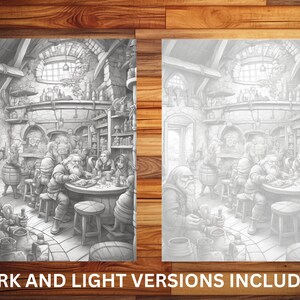 May include: A black and white illustration of a tavern scene with dwarves sitting at tables drinking and eating. The tavern has a stone wall, a wooden ceiling, and a large window. There are barrels and other furniture in the tavern.
