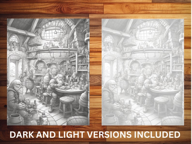 May include: A black and white illustration of a tavern scene with dwarves sitting at tables drinking and eating. The tavern has a stone wall, a wooden ceiling, and a large window. There are barrels and other furniture in the tavern.