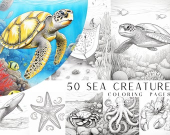 50 Sea Creature Coloring Pages - Adult And Kids Coloring Book, Ocean Coloring Sheets, Instant Download, Printable PDF File.