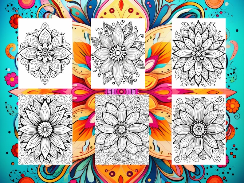 May include: Six black and white printable coloring pages featuring intricate mandala designs with floral patterns.