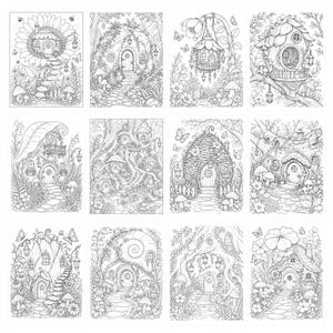 200 Enchanted Fairy Home Coloring Pages, Mushroom Cottage Designs (Light Dark) image 10