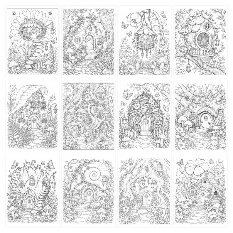 200 Enchanted Fairy Home Coloring Pages, Mushroom Cottage Designs (Light Dark) image 10