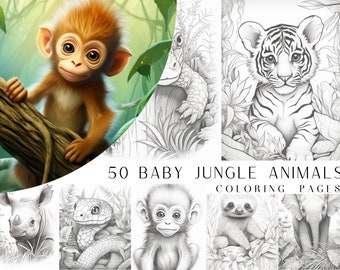 50 Baby Jungle Animal Coloring Pages - Adult And Kids Coloring Book, Animal Coloring Sheets, Instant Download, Printable PDF File.