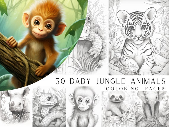 50 Baby Jungle Animal Coloring Pages - Adult And Kids Coloring Book, Animal Coloring Sheets, Instant Download, Printable PDF File.