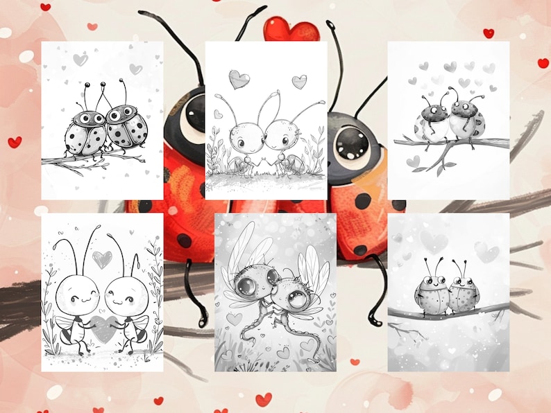 May include: Six black and white illustrations of ladybug couples with hearts. The illustrations are on a white background with red hearts scattered around the edges.