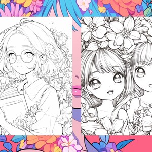 Puede incluir: Dos dibujos en blanco y negro de chicas anime. La chica de la izquierda lleva gafas y sostiene un libro. La chica de la derecha sonr&iacute;e con el pelo en una coleta. Ambas chicas est&aacute;n rodeadas de flores.