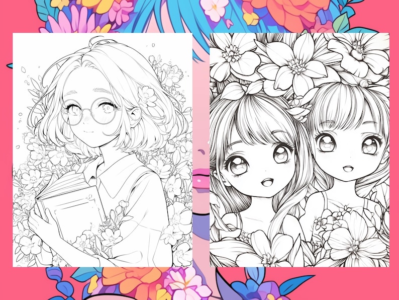 Puede incluir: Dos dibujos en blanco y negro de chicas anime. La chica de la izquierda lleva gafas y sostiene un libro. La chica de la derecha sonr&iacute;e con el pelo en una coleta. Ambas chicas est&aacute;n rodeadas de flores.