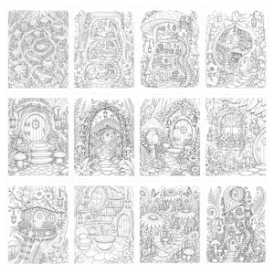 May include: A collection of twelve black and white line art illustrations featuring intricate fairy tale dwellings, including tree houses, mushroom homes, and garden cottages surrounded by detailed foliage, flowers, and winding stone pathways.