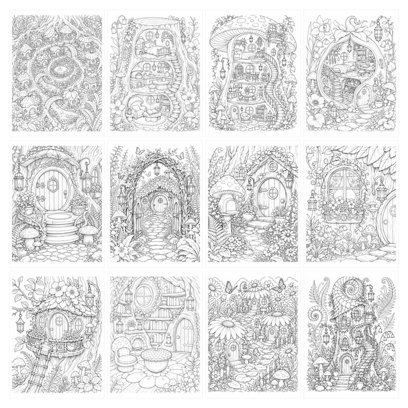 May include: A collection of twelve black and white line art illustrations featuring intricate fairy tale dwellings, including tree houses, mushroom homes, and garden cottages surrounded by detailed foliage, flowers, and winding stone pathways.