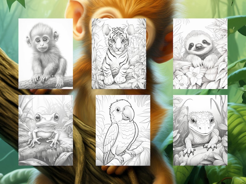 Puede incluir: P&aacute;ginas para colorear en blanco y negro con una variedad de animales de la selva, incluyendo un mono, un tigre, un perezoso, una rana, un loro y un lagarto.