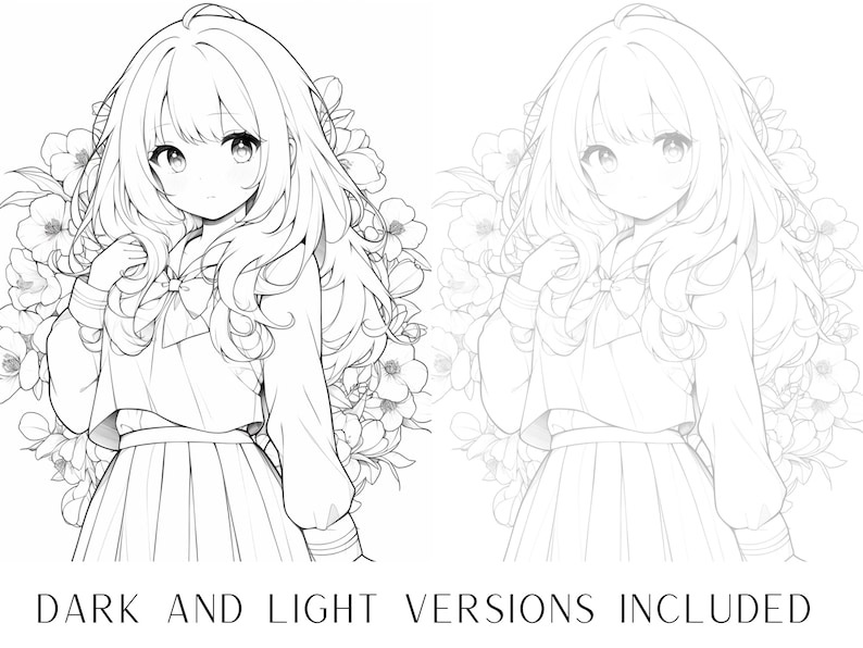 Puede incluir: Un dibujo en blanco y negro de una ni&ntilde;a con el pelo largo que lleva un uniforme escolar y est&aacute; de pie frente a un fondo floral. La imagen est&aacute; en versi&oacute;n oscura y clara.