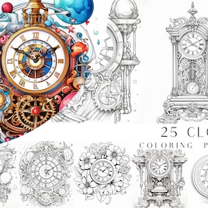 25 Clock Coloring Pages - Adult And Kids Coloring Book, Instant Download, Digital Coloring Sheets, Printable PDF File.