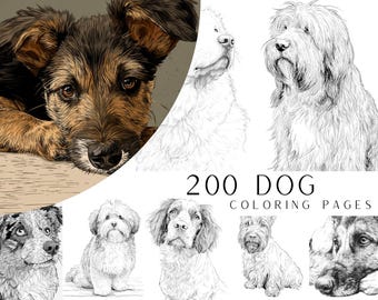200 Dog Coloring Pages, Grayscale Puppy Book (PDF Download)