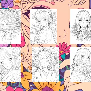 Puede incluir: Un conjunto de seis dibujos en blanco y negro con personajes de estilo anime con detalles florales. Los personajes son todos femeninos y tienen el pelo largo. Las flores est&aacute;n dibujadas en un estilo realista.