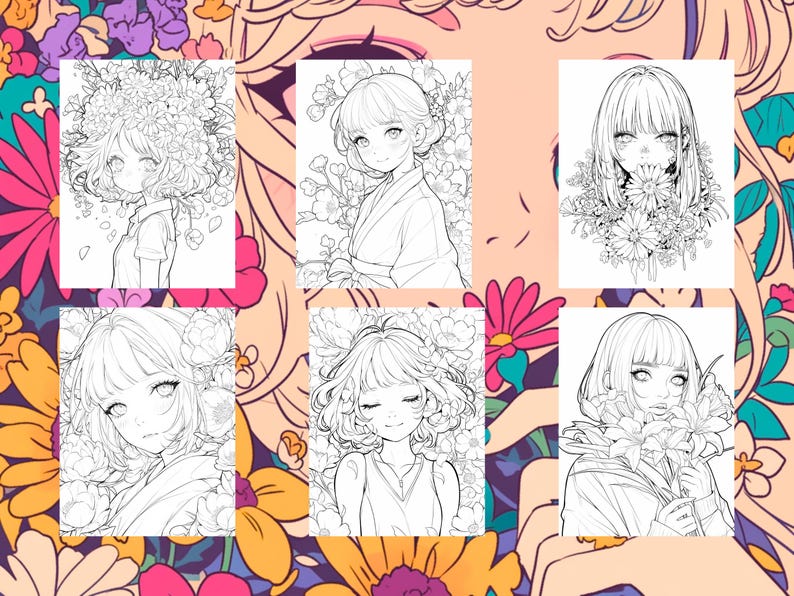 Puede incluir: Un conjunto de seis dibujos en blanco y negro con personajes de estilo anime con detalles florales. Los personajes son todos femeninos y tienen el pelo largo. Las flores est&aacute;n dibujadas en un estilo realista.