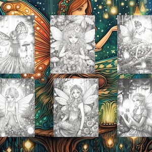 May include: A set of six black and white illustrations featuring fairies with wings, flowers, and glowing lights in a forest setting.