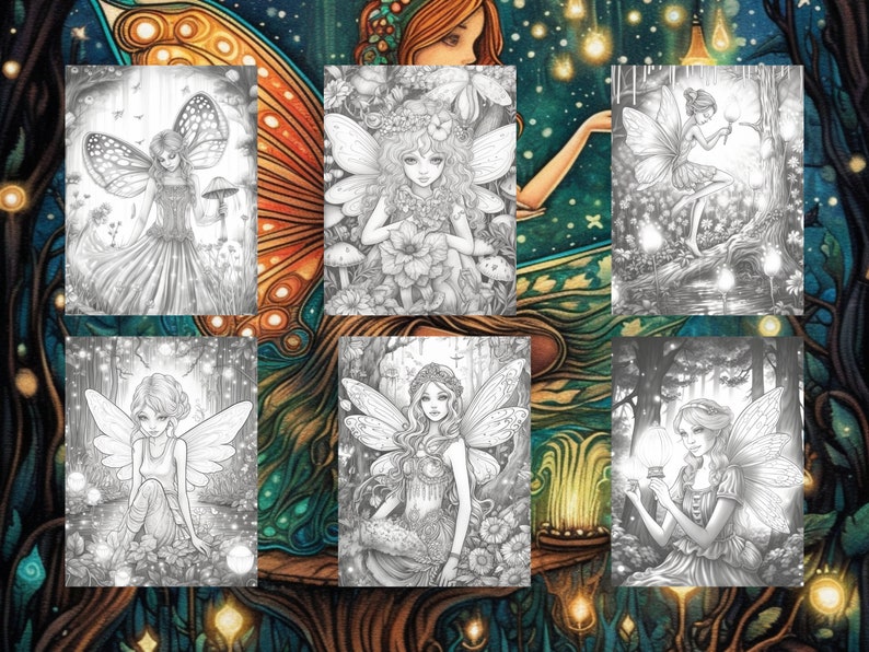 May include: A set of six black and white illustrations featuring fairies with wings, flowers, and glowing lights in a forest setting.