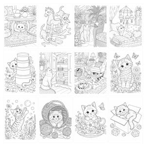 May include: A collection of twelve black and white line art illustrations featuring kittens in various settings, including playing with yarn, sitting in a teacup, resting in a box, interacting with a rocking horse, and surrounded by flowers.