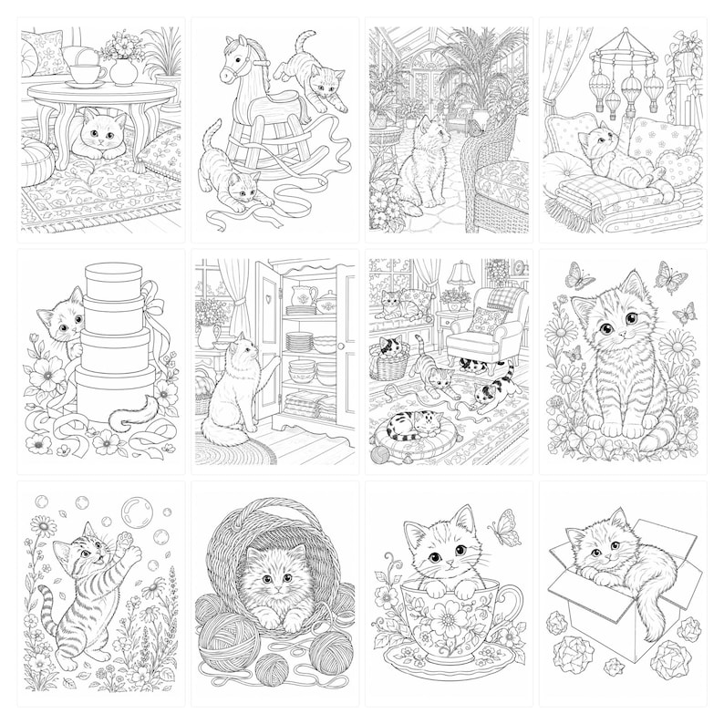 May include: A collection of twelve black and white line art illustrations featuring kittens in various settings, including playing with yarn, sitting in a teacup, resting in a box, interacting with a rocking horse, and surrounded by flowers.