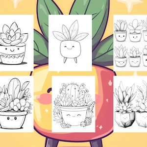 May include: A set of eight black and white coloring pages featuring different types of succulents in pots. Each succulent has a cute cartoon face.