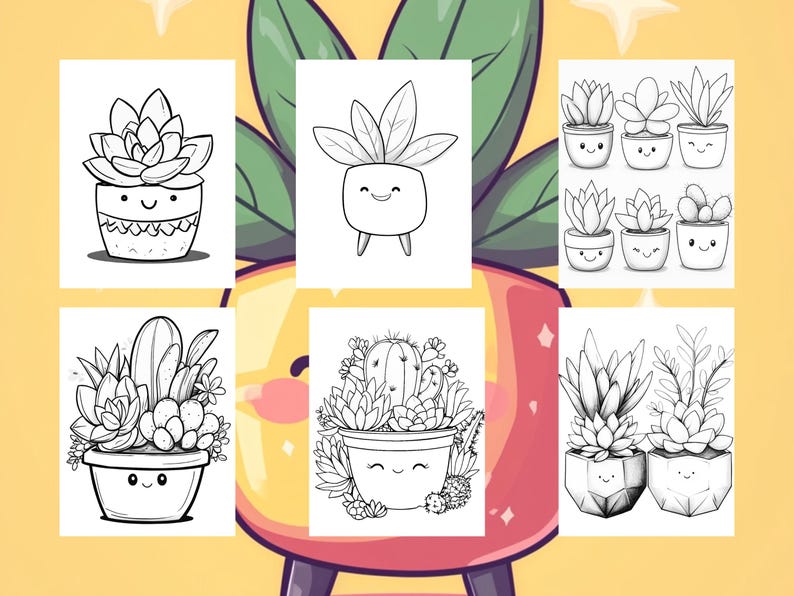 May include: A set of eight black and white coloring pages featuring different types of succulents in pots. Each succulent has a cute cartoon face.