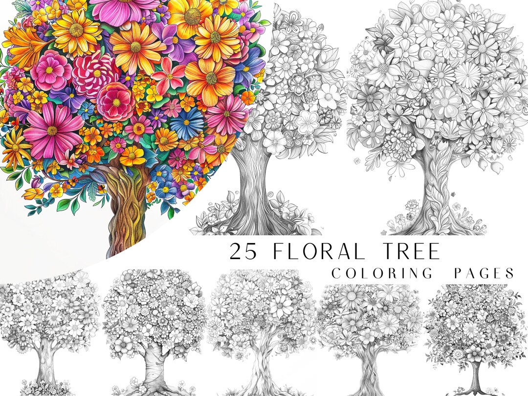 25 Floral Tree Coloring Pages - Adults Coloring Book, Greyscale ...