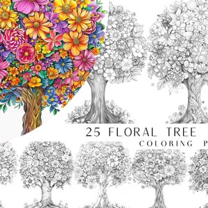 May include: 25 Floral Tree Coloring Pages. A set of coloring pages featuring intricate floral tree designs. The pages are black and white, with detailed outlines of trees adorned with flowers.