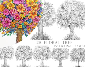 Peut inclure: 25 pages à colorier d'arbres floraux. Un ensemble de pages à colorier présentant des motifs d'arbres floraux complexes. Les pages sont en noir et blanc, avec des contours détaillés d'arbres ornés de fleurs.