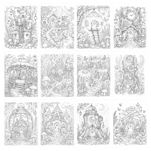 May include: A collection of twelve intricate black and white line art illustrations featuring various fantasy dwellings, including tree houses, mushroom homes, and garden structures surrounded by detailed foliage, flowers, and butterflies.