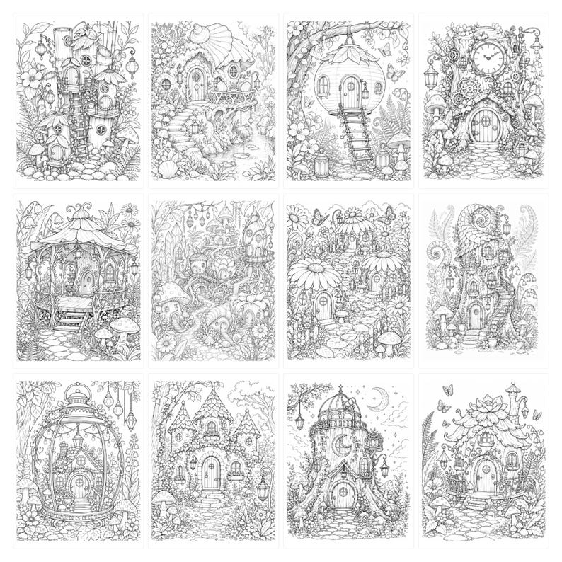 May include: A collection of twelve intricate black and white line art illustrations featuring various fantasy dwellings, including tree houses, mushroom homes, and garden structures surrounded by detailed foliage, flowers, and butterflies.
