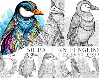 50 Patterned Penguin Coloring Pages - Adult And Kids Coloring Book, Digital Coloring Sheets, Instant Download, Greyscale Animal Coloring.