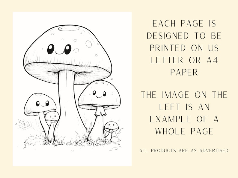 May include: Black and white line art illustration of four cartoon mushrooms with smiling faces. The largest mushroom is in the center and the other three are smaller and are clustered around the base of the large mushroom.