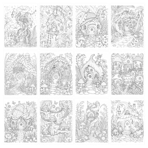 May include: A collection of twelve black and white line art illustrations featuring various fantasy dwellings, including mushroom houses, acorn homes, and botanical structures surrounded by detailed flowers, foliage, butterflies, and winding stone paths.