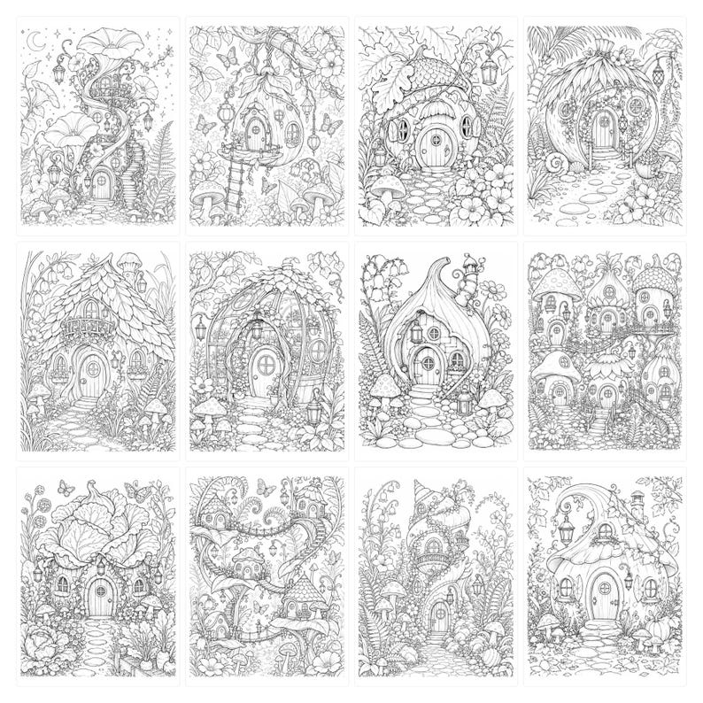 May include: A collection of twelve black and white line art illustrations featuring various fantasy dwellings, including mushroom houses, acorn homes, and botanical structures surrounded by detailed flowers, foliage, butterflies, and winding stone paths.