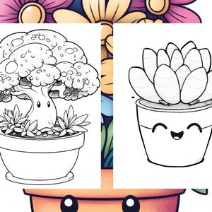 May include: A black and white line drawing of two potted plants. The first plant is a bonsai tree with a whimsical face. The second plant is a succulent with a smiling face.
