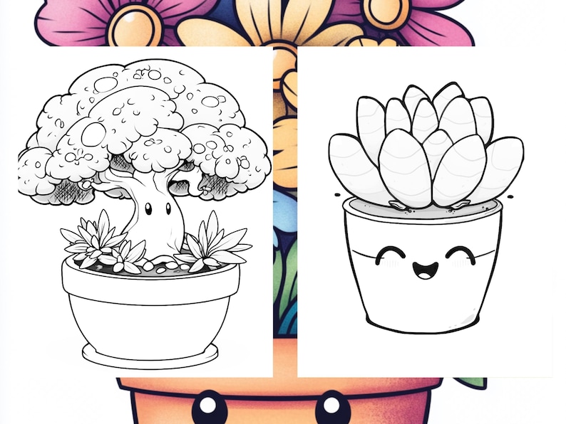May include: A black and white line drawing of two potted plants. The first plant is a bonsai tree with a whimsical face. The second plant is a succulent with a smiling face.