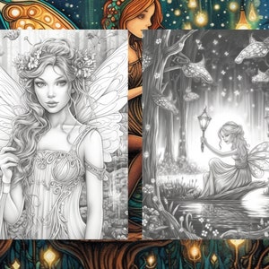May include: A black and white illustration of two fairies in a forest setting. One fairy is standing with wings spread, wearing a flower crown and a detailed dress. The other fairy is sitting on a log, holding a lantern and looking at the water.