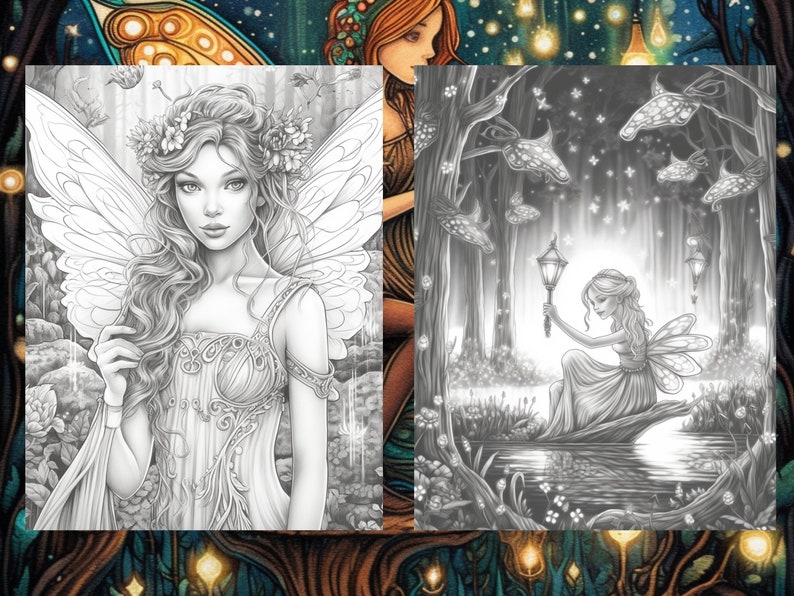 May include: A black and white illustration of two fairies in a forest setting. One fairy is standing with wings spread, wearing a flower crown and a detailed dress. The other fairy is sitting on a log, holding a lantern and looking at the water.