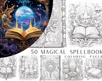 50 Magical SpellBook Coloring Pages - Adult And Kids Coloring Book, Fantasy Coloring Sheets, Instant Download, Printable PDF File.