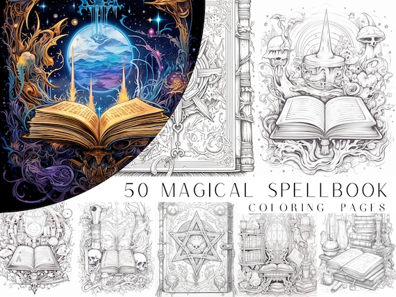 50 Magical SpellBook Coloring Pages - Adult And Kids Coloring Book, Fantasy Coloring Sheets, Instant Download, Printable PDF File.