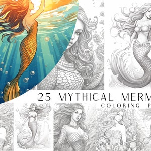 25 Mythical Mermaid Coloring Pages - Adult And Kids Coloring Book, Fantasy Coloring Sheets, Instant Download, Printable PDF File.