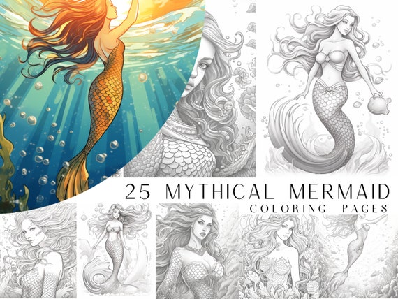25 Mythical Mermaid Coloring Pages - Adult And Kids Coloring Book, Fantasy Coloring Sheets, Instant Download, Printable PDF File.