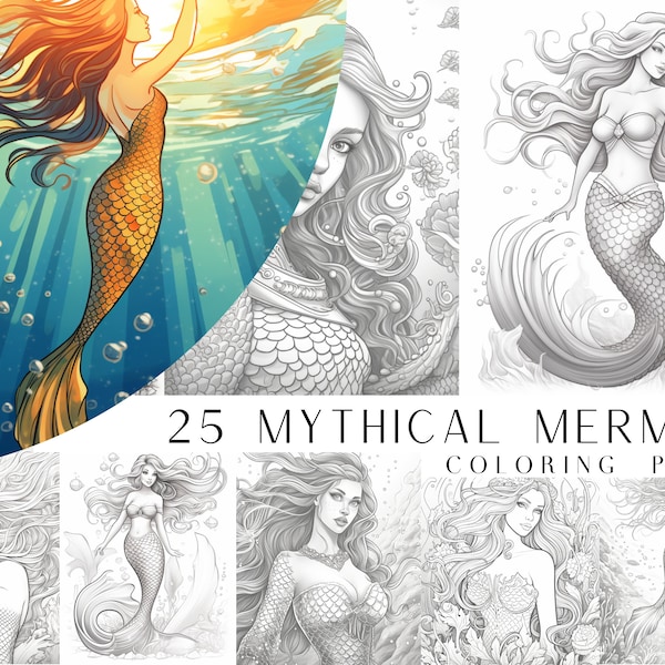 25 Mythical Mermaid Coloring Pages - Adult And Kids Coloring Book, Fantasy Coloring Sheets, Instant Download, Printable PDF File.